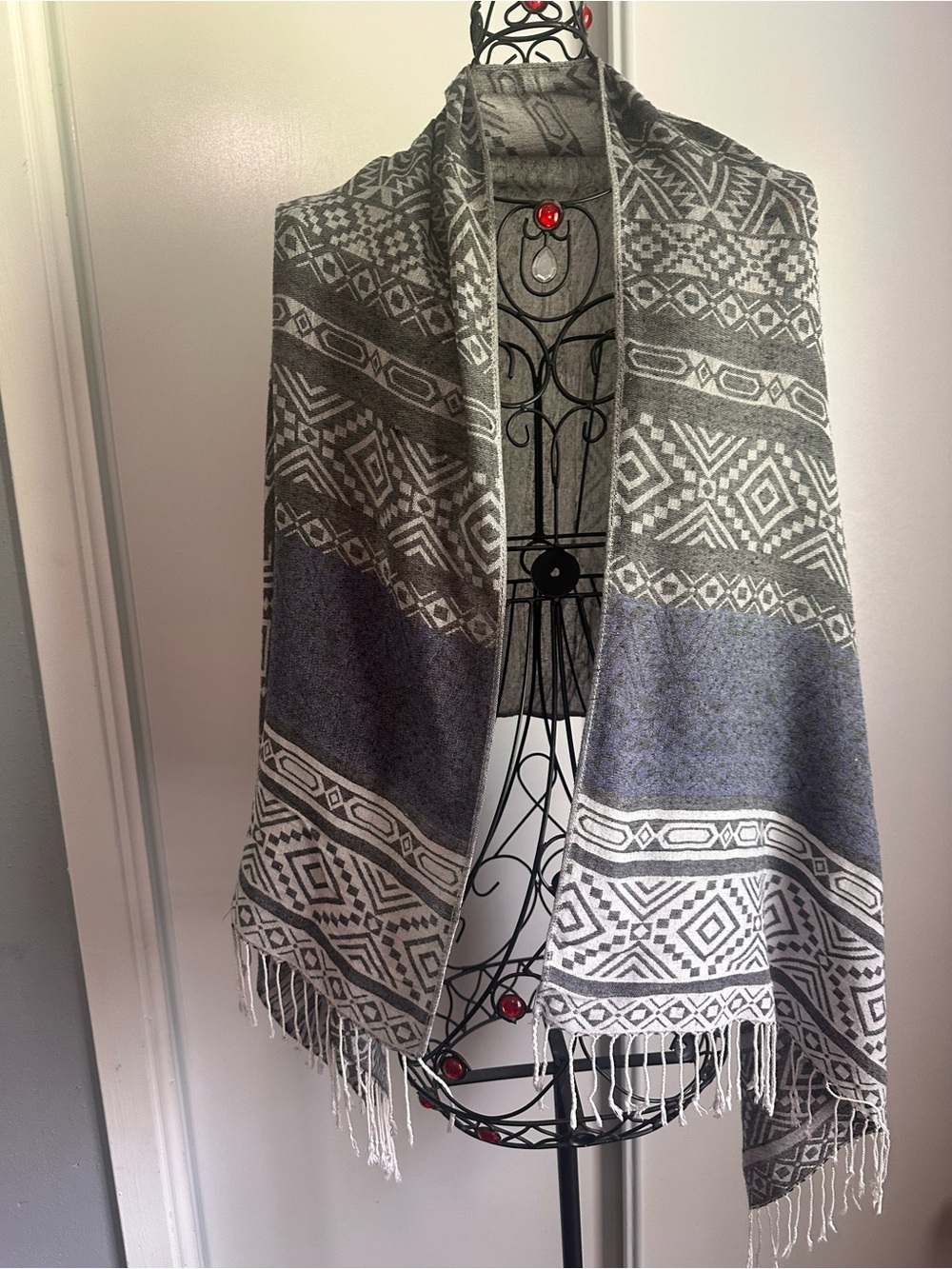 Gray Aztec Pattern Fringe Shawl Wrap